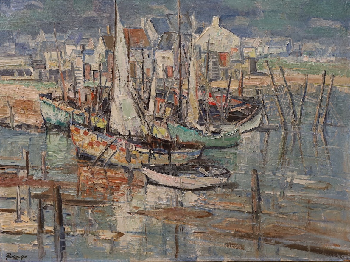 Circle of Rowland Hill, oil on wooden panel, Fishing boats in harbour, bears signature, 59 x 76cm, unframed